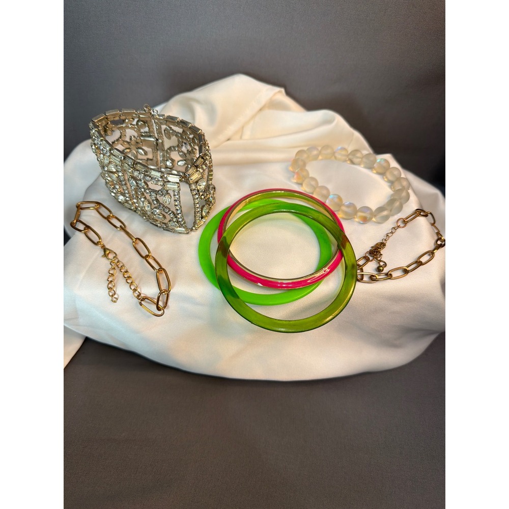 Vintage Rhinestone Cuff Bangle Paperclip Chain Iridescent Bead Bracelet Lot 7pc